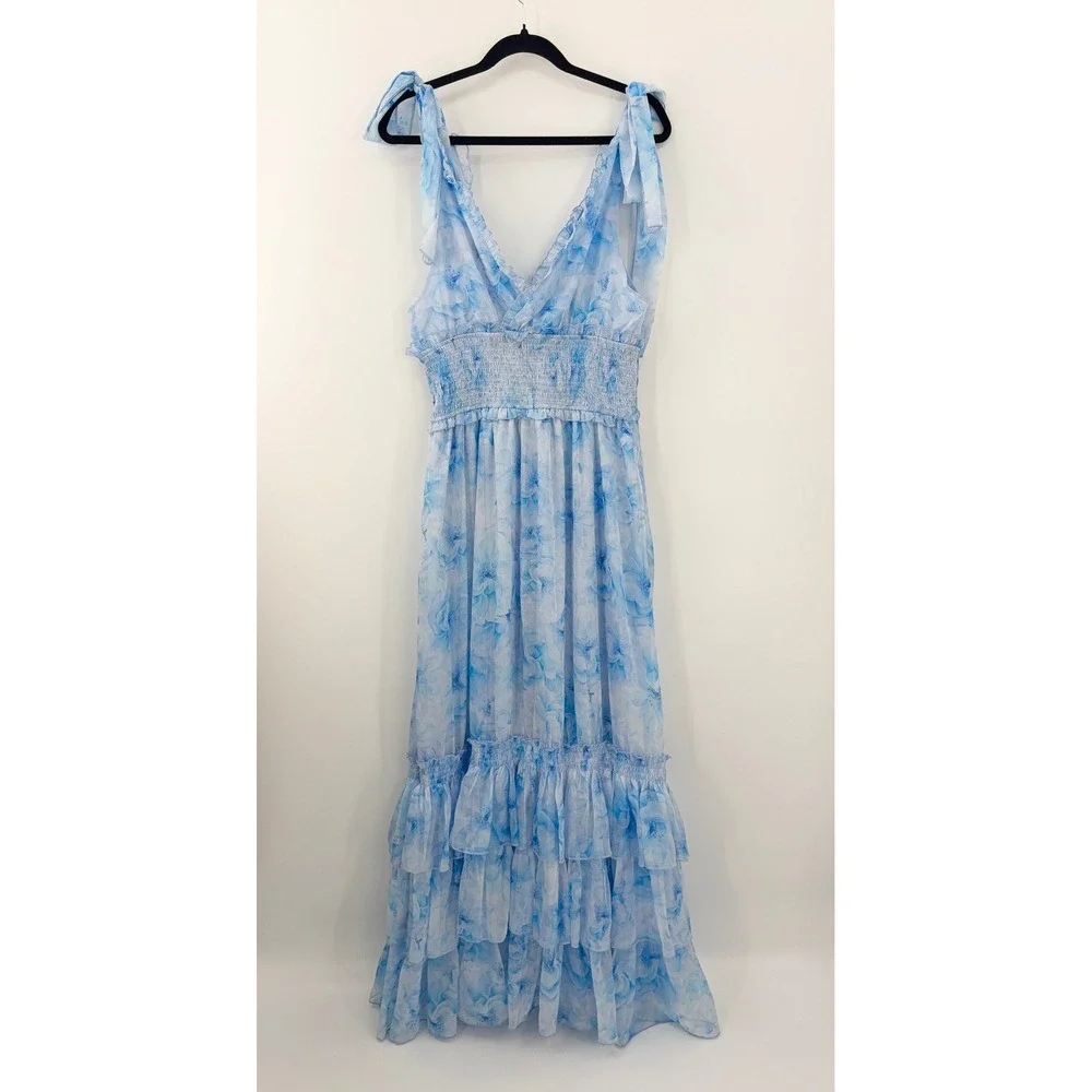 B26 Petal & Pup Fionna Floral Maxi Dress L Blue Flowy Summer Wedding Guest - Picture 7 of 12